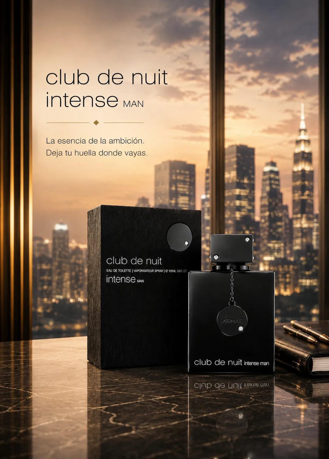 Perfume Club de Nuit Intense Man con su caja negra sobre una mesa de mármol, con el skyline de la ciudad al atardecer. La esencia de la ambición