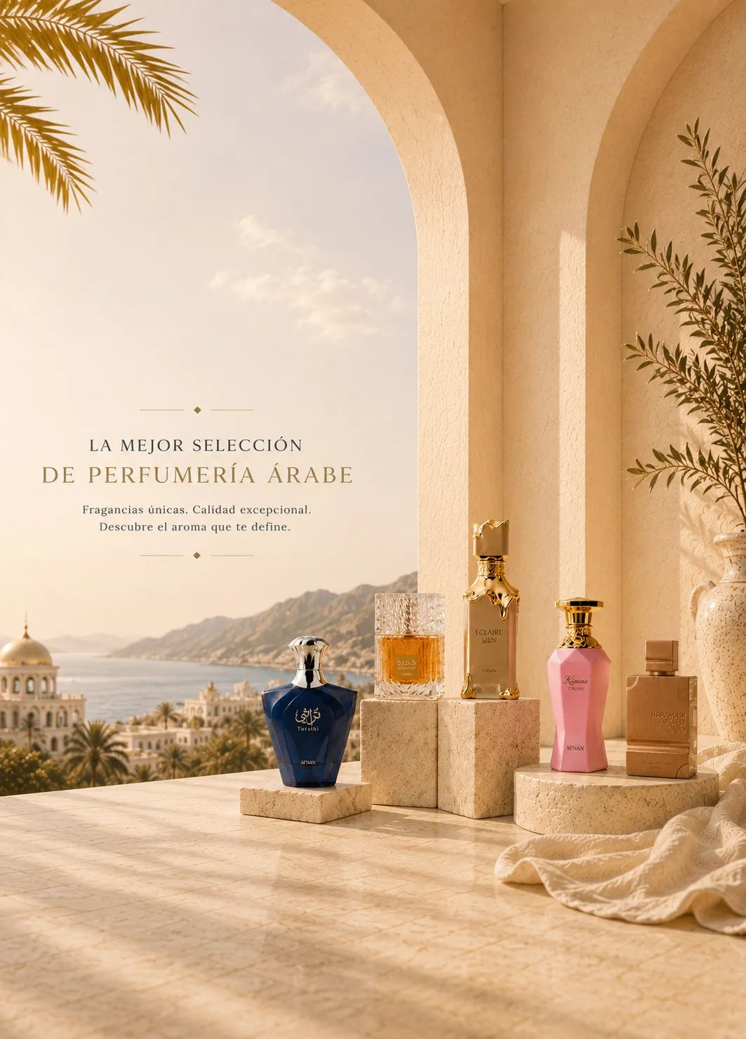 Frascos de perfumería árabe sobre pedestales de piedra bajo un arco con vistas al mar