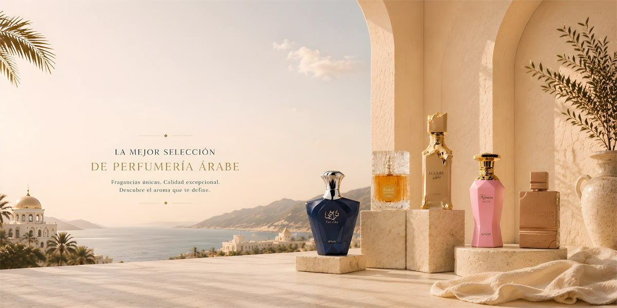 La mejor selección de perfumería árabe: frascos de fragancias orientales sobre pedestales de piedra con vistas al mar