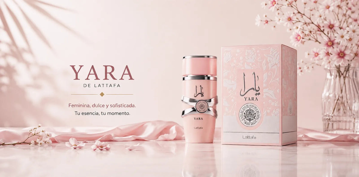 Perfume Yara de Lattafa en rosa con su caja, junto a flores y una tela de seda rosa. Femenina, dulce y sofisticada